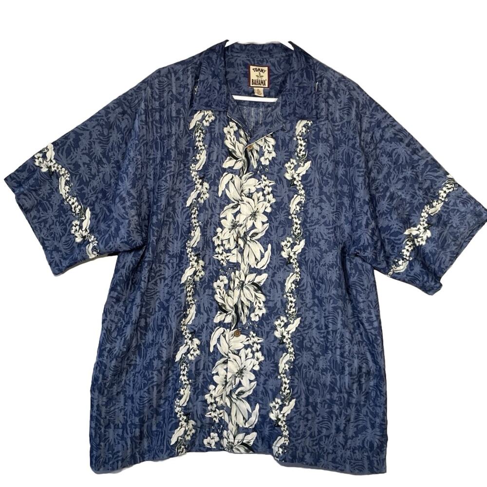 Tommy Bahama Hawaiian Shirt Mens XL Blue 100% Silk Floral Short Sleeve
